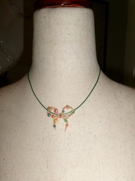 Pink Bejeweled Bow- Green Rope