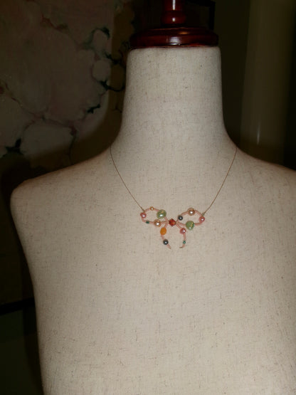 Bejeweled Pink Bow Necklace