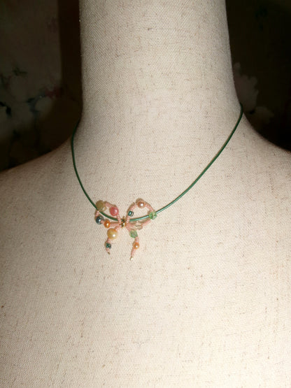 Pink Bejeweled Bow- Green Rope