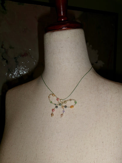 White Bejeweled Bow Necklace- Green Rope