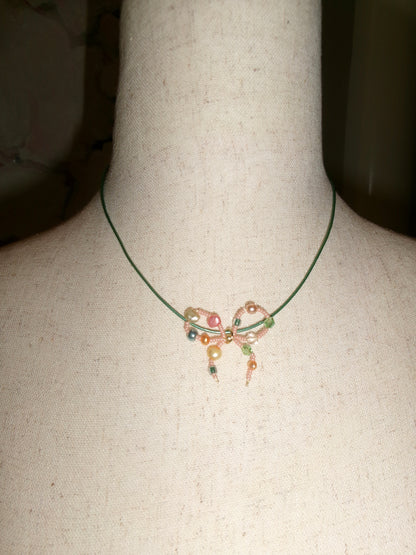 Pink Bejeweled Bow- Green Rope