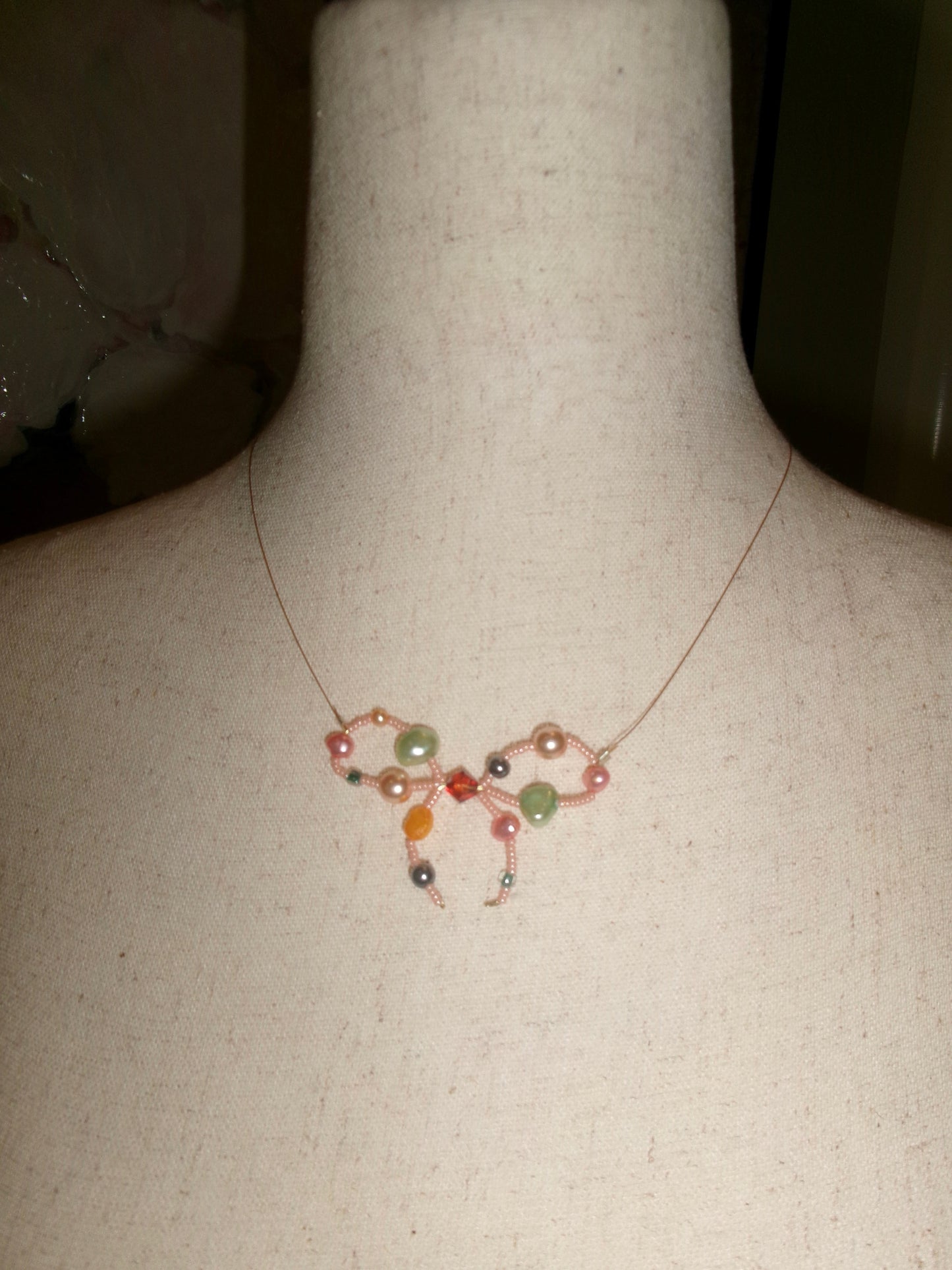 Bejeweled Pink Bow Necklace