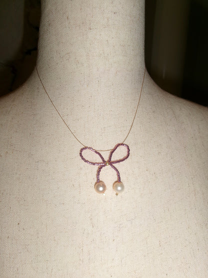 Purple Pearl Bow Necklace